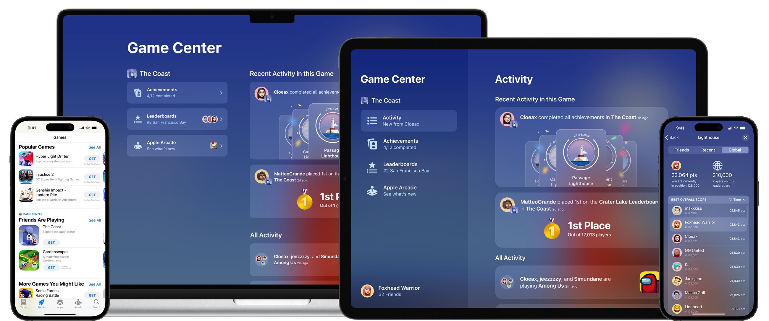 Game Centerの「アクティビティ」ページをそれぞれ表示しているMacBook、iPad、iPhoneのラインナップ。