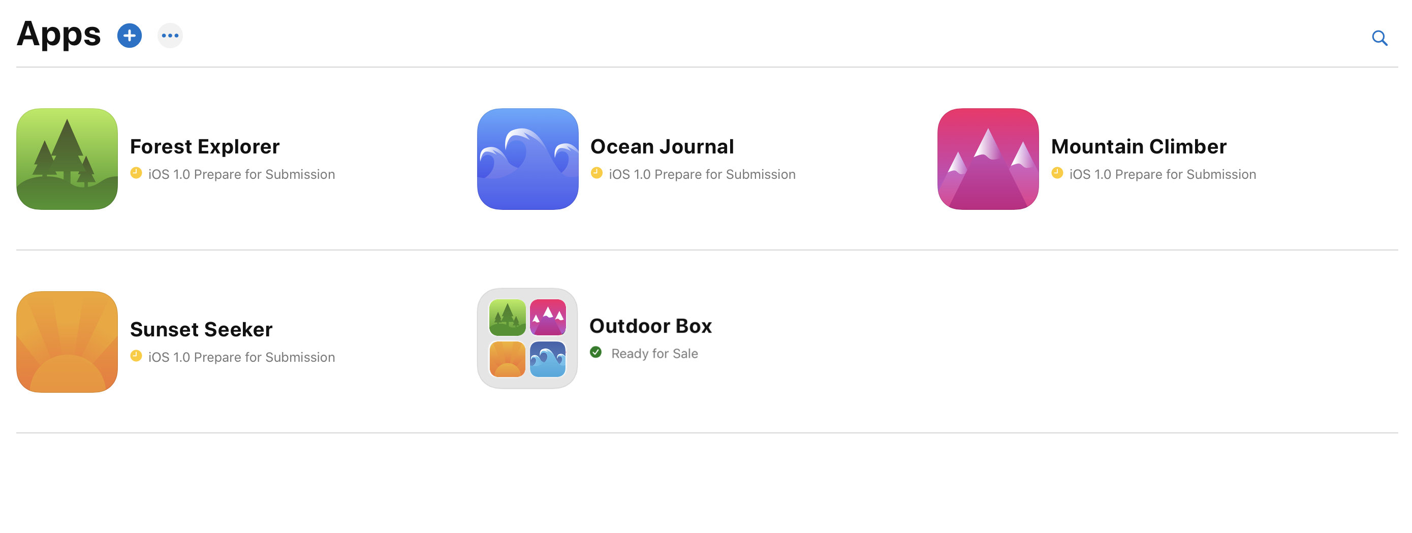 「アプリ」ページに、アプリが 4 つと App Bundle が 1 つ表示されています。