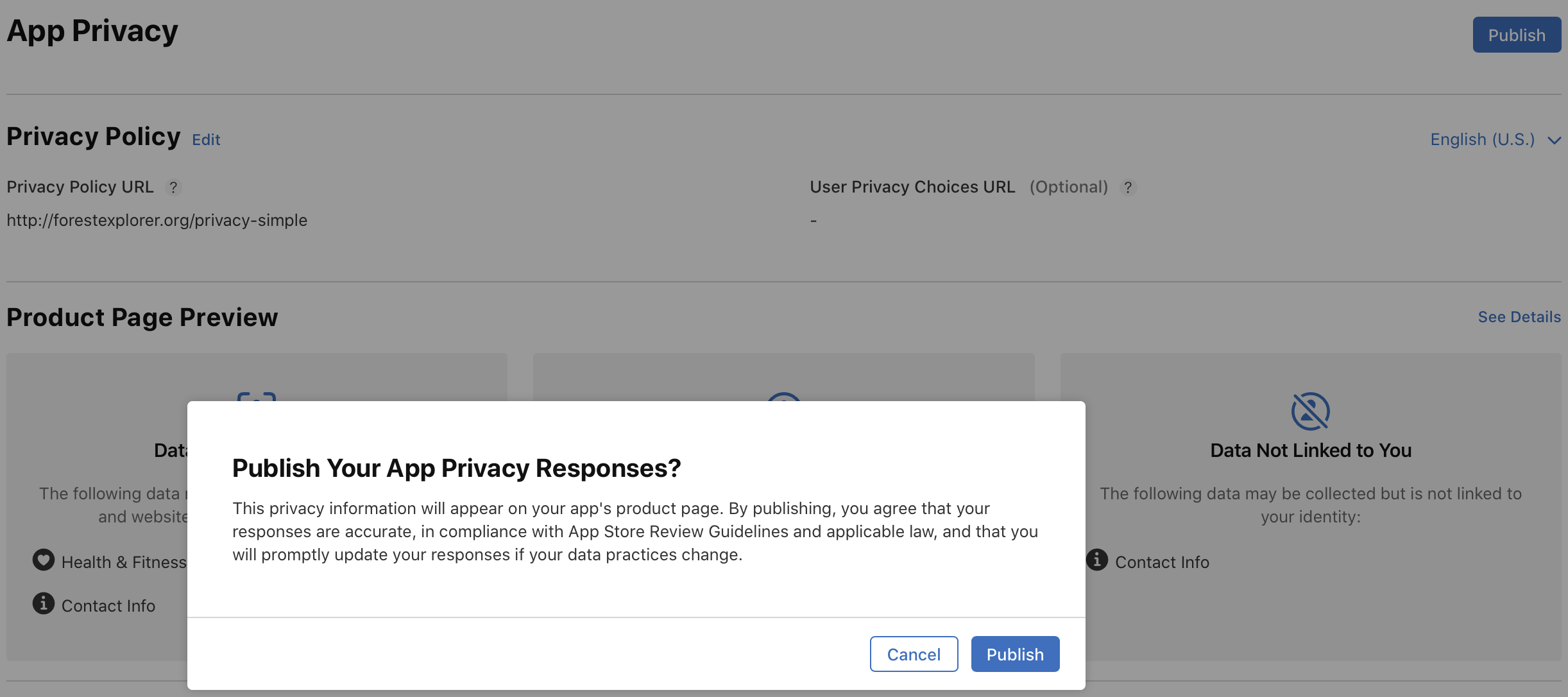 “App 隐私”页面上的对话框截屏，询问用户是否发布 App 隐私问题的答复。