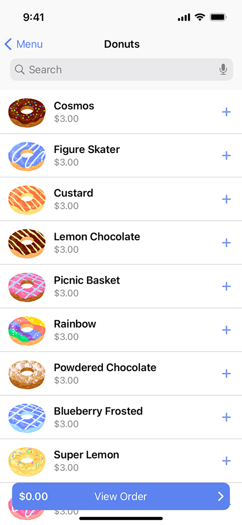 뷰를 빌드하기 위해 표준 UI 요소를 사용한 iPhone용 Donut 앱