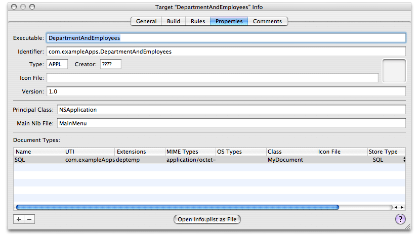 Properties pane of the Target Info window