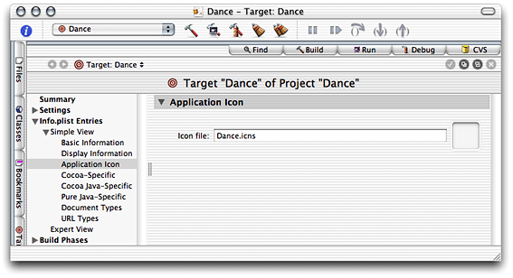 Application Icon pane of the target editor in Project Builder