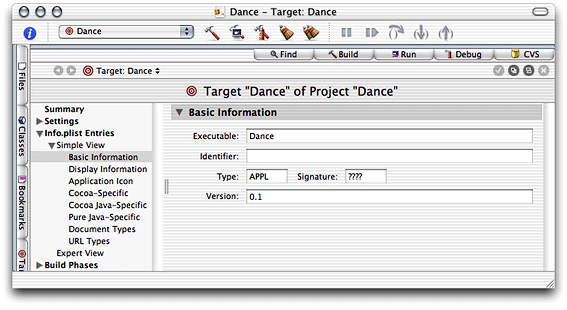 Basic Information pane of the target editor in Project Builder