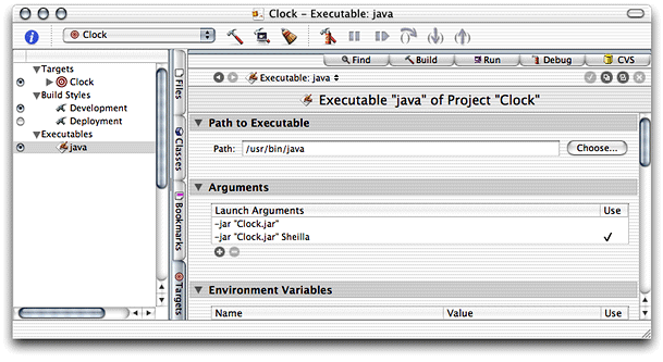 Arguments pane of the executable editor in Project Builder