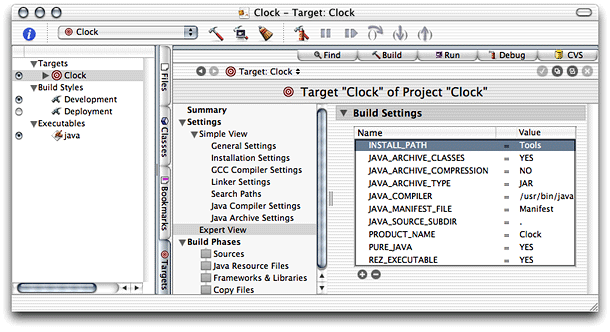 Expert View pane of the target editor in Project Builder