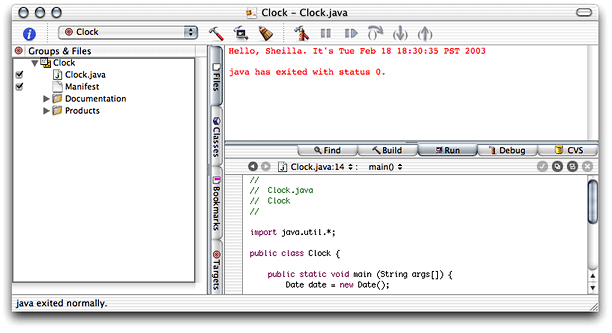 Output of Clock tool displayed in Project Builder
