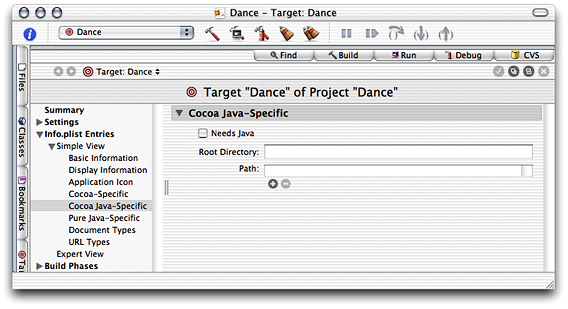 Cocoa Java–Specific pane of the target editor in Project Builder