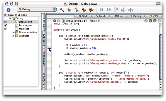 Breakpoint in Debug.java file of Debug project