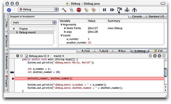 Debugging an application—stepping over