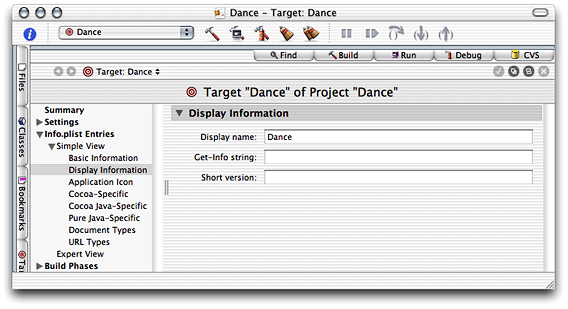 Display Information pane of the target editor in Project Builder