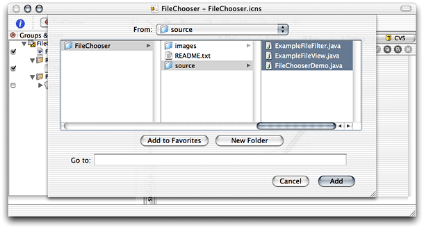 Adding source files to a project in Project Builder