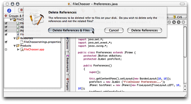 Delete References dialog of Project Builder