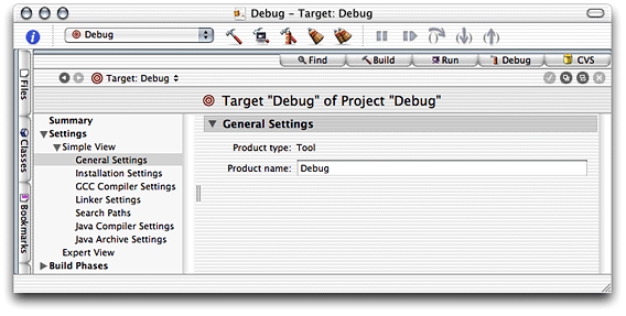 General Settings pane of the target editor in Project Builder