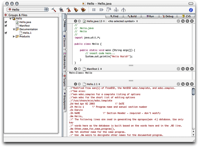 The Hello project in Project Builder
