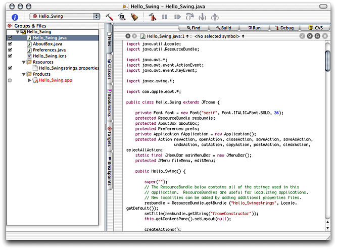 The Hello_Swing project in Project Builder’s window