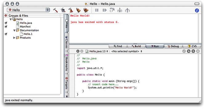 Project Builder’s Run pane showing Hello’s console output