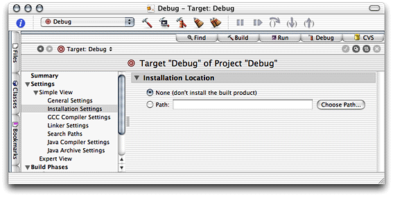 Installation Settings pane of the target editor in Project Builder