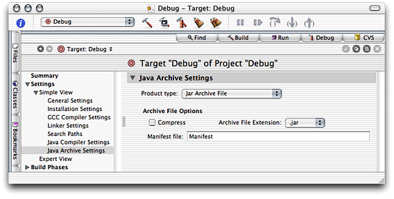 Java Archive Settings pane of the target editor in Project Builder