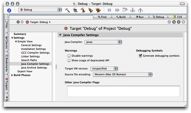 Java Compiler Settings pane of the target editor in Project Builder