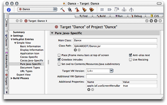 Pure Java–Specific pane of the target editor in Project Builder