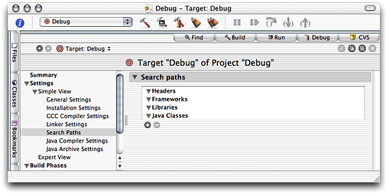 Search Paths pane of the target editor in Project Builder