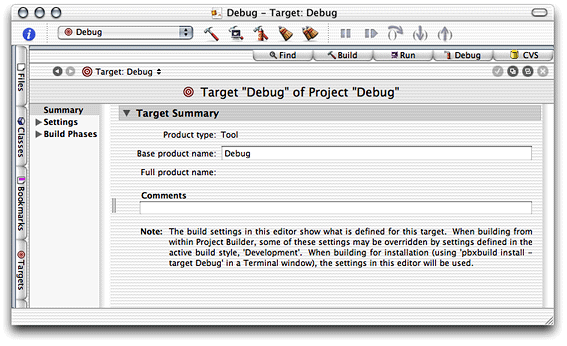 Target Summary pane of the target editor in Project Builder