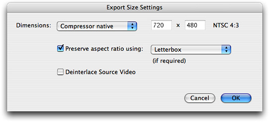Export size settings with the NTSC 4:3 aspect ratio displayed