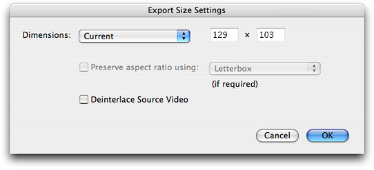 Export size settings with current dimensions selected