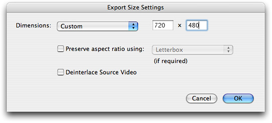 Export size settings with custom dimensions selected