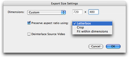 Export size settings with preserve aspect ratio checkbox and letterbox selected