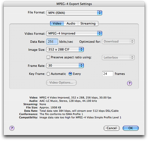 MPEG-4 export settings dialog with a Preserve aspect ratio checkbox