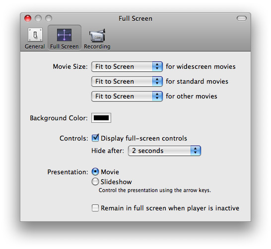 New full screen viewing modes as QuickTime preferences