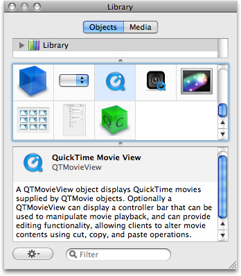 The QuickTime movie view control object in Interface Builder 3
