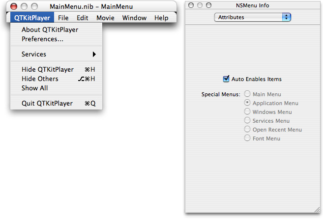 The MainMenu nib file with changes to the application menu