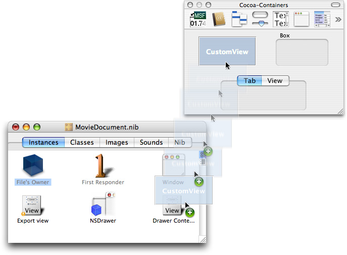 The CustomView object in the Cocoa-Containers palette and in the MovieDocument.nib as Drawer ContentView
