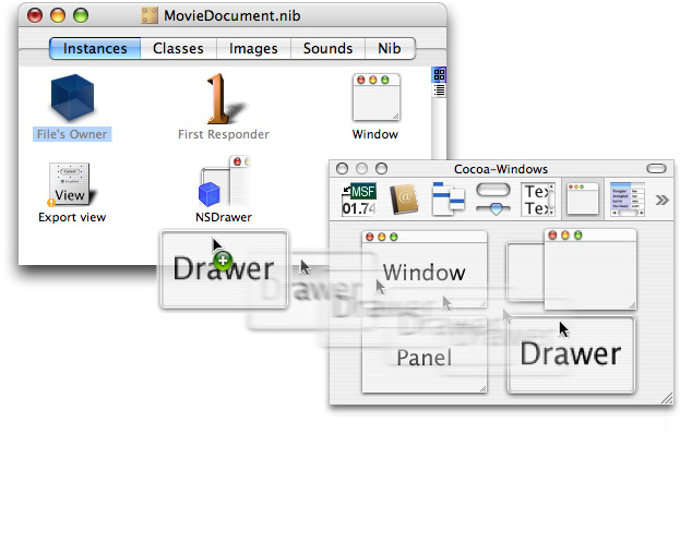 The Cocoa-Windows and the NSDrawer object added in MovieDocument.nib