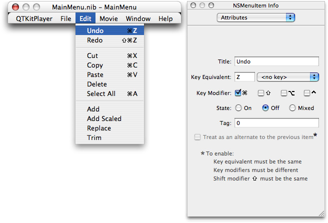 The MainMenu nib file with additions to the Edit menu