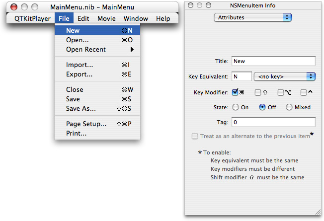 The MainMenu nib file additions to the File menu