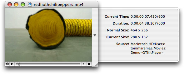 An mp4 QuickTime movie playing with the current time, duration, movie size, and movie displayed in the open Cocoa drawer