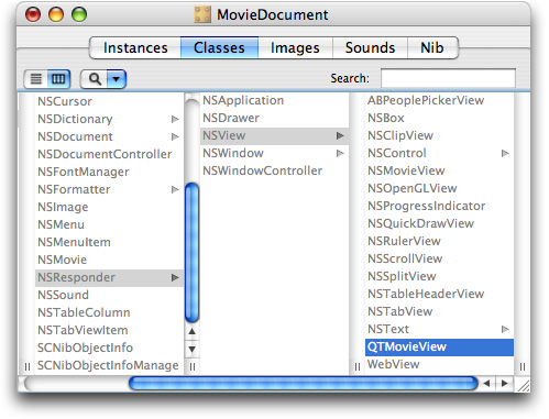 The QTMovieView subclass selected in MovieDocument nib file