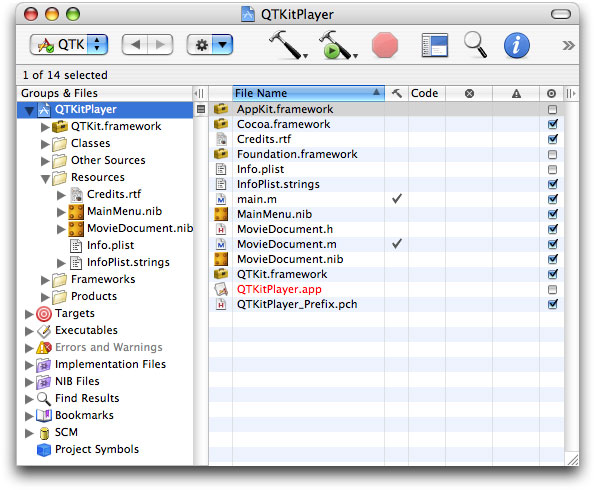 The QTKitPlayer project in Xcode with nib, declaration, and implementation files renamed