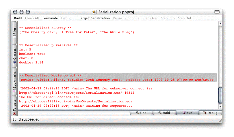 Project Builder's Run pane when running the Movie-object serialization example
