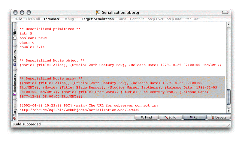 Project Builder's Run pane when running the Movie-array serialization example