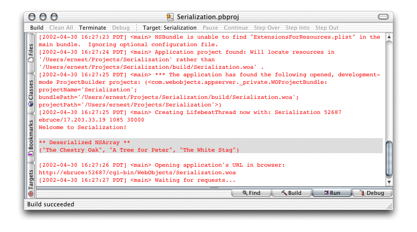Project Builder's Run pane when running the array-serialization example
