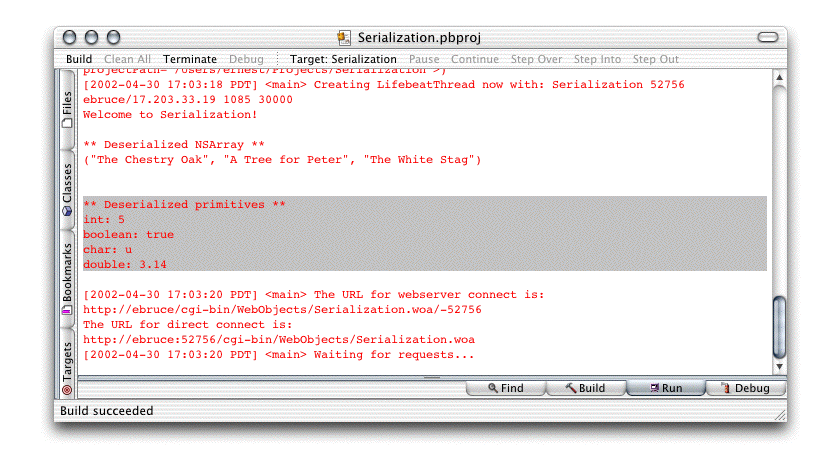 Project Builder's Run pane when running the primitive-values serialization example