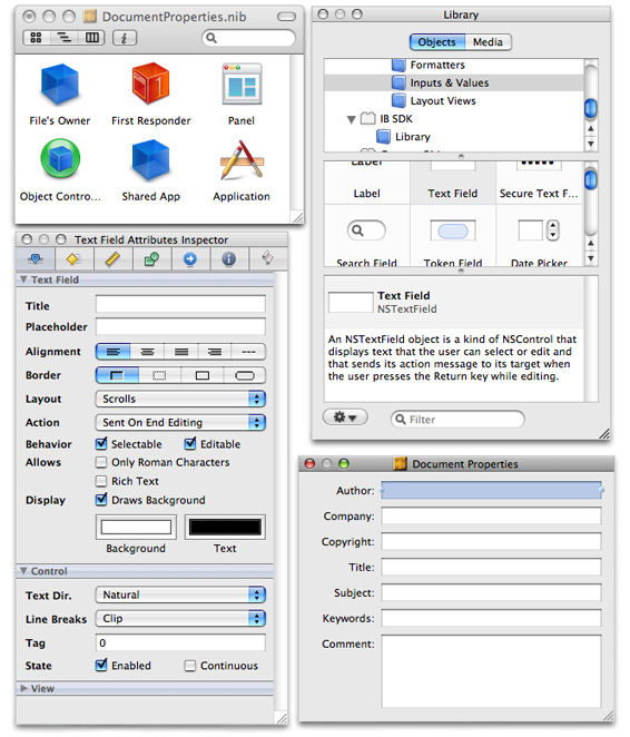 The TextEdit Document Properties window in Interface Builder