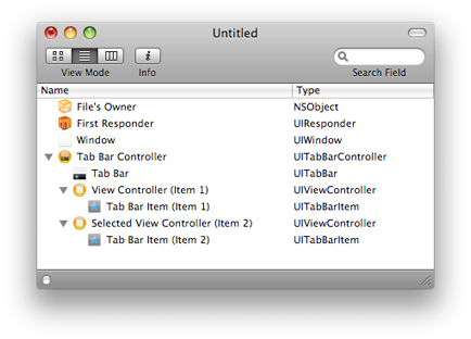 A tab bar controller and its default set of objects