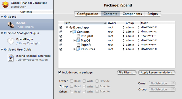 Component Package Contents pane