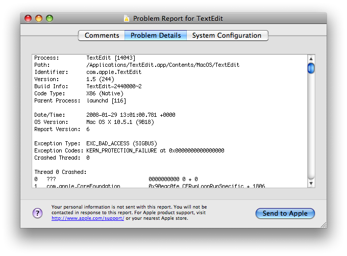 Figure 2, Second CrashReporter dialog