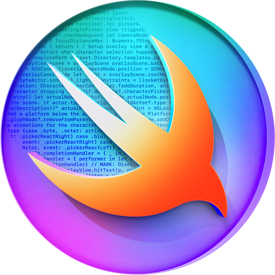 彩色背景上的 Swift 鸟形标志，上面显示有装饰性代码。